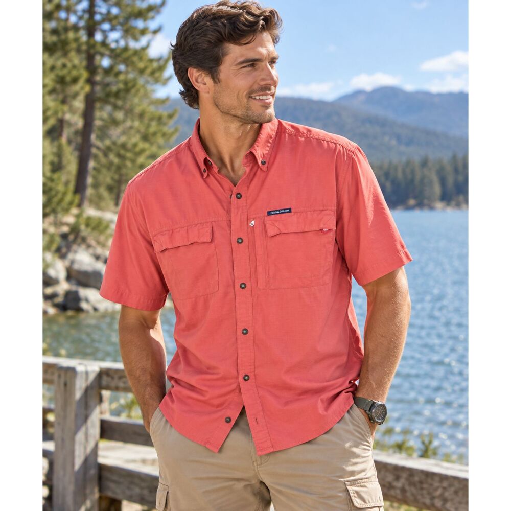 Field & Stream Mens Size Large Vented Fishing Shirt Coral Short Sleeve Outdoor